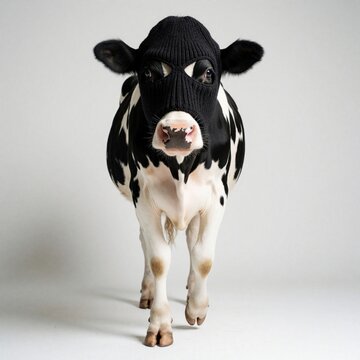 Funny cow wearing black balaclava mask stands on white background. Dairy animal dressed as burglar robber in funny costume. Quirky farm animal character looks at camera. Creative concept for National