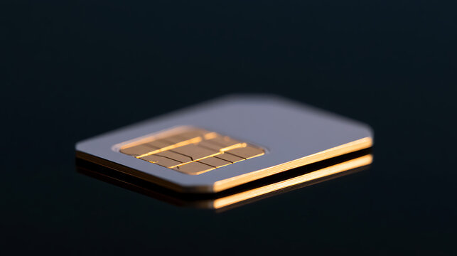Close-up view of a nano SIM card with gold contact chip isolated on a dark reflective surface, showcasing modern telecommunication tech
