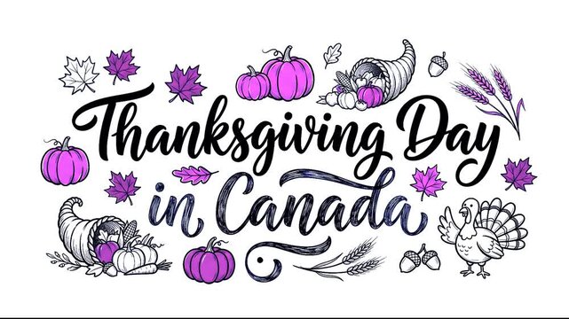 Thanksgiving Day in Canada lettering banner with hand drawn turkey pumpkin and autumn cornucopia doodles
