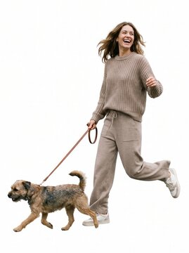 Happy young woman in casual activewear walking her cute fluffy dog on a leash, full length isolated on white background.-1
