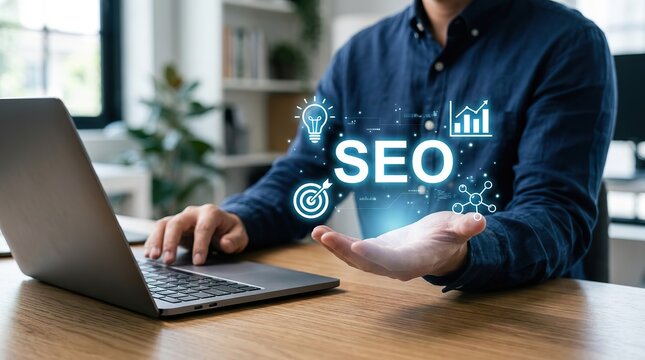 A professional business person using a laptop and interacting with a digital holographic interface showing search engine optimization marketing icons