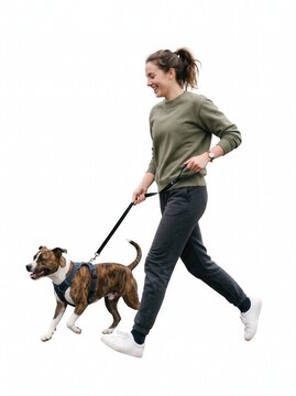 Happy young woman in casual activewear walking her cute fluffy dog on a leash, full length isolated on white background.-1