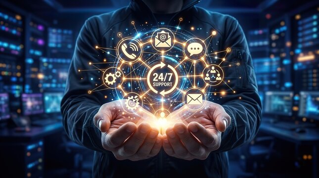 A professional holding a glowing digital interface representing twenty four seven customer service and global business support technology solutions concept
