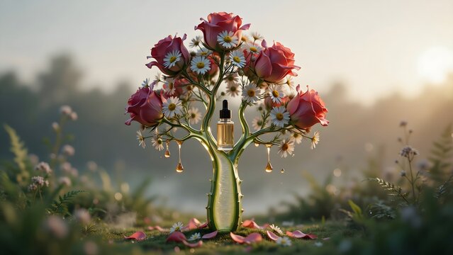 Dropper bottle inside flowering tree made of roses and chamomile with skincare product floral tree organic skincare surreal nature cosmetic serum beauty product facial serum product photography