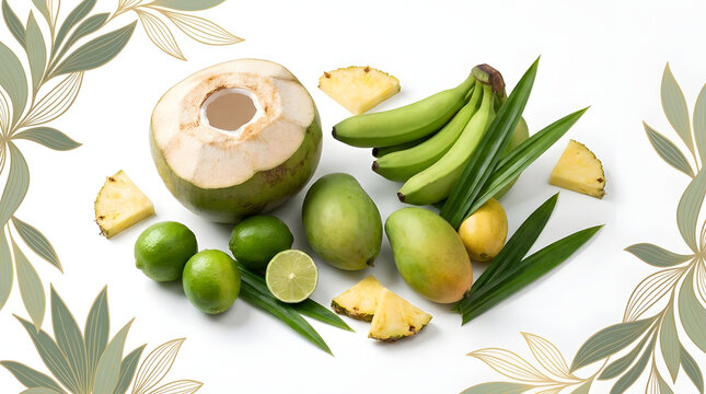 Tropical fruit arrangement with coconut banana lime and mango.
