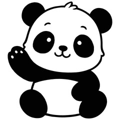 Simple black silhouette of a cute baby panda bear sitting and waving its paw on a solid black background, for applications © Sefat