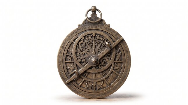 Antique brass astrolabe with intricate celestial detailing, ideal for astronomy, education, navigation, vintage decor, and editorial design. Isolated on White background.