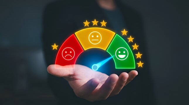 Man holding virtual customer satisfaction rating meter representing high quality business feedback