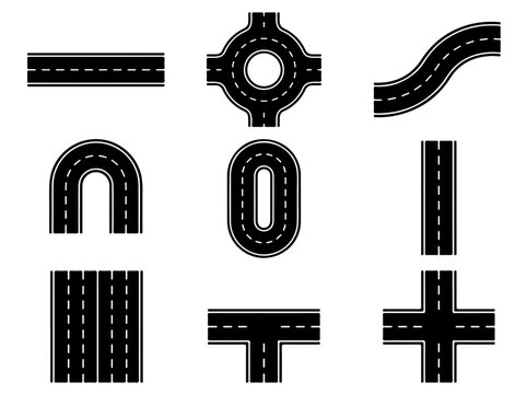 Set of black road and highway junction silhouettes with white dashed lane markings on a white background