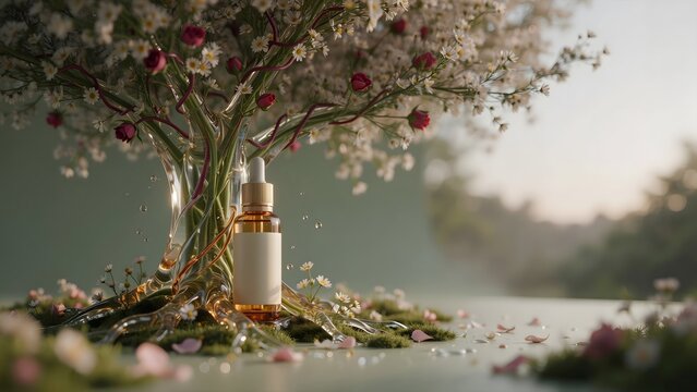 Serum dropper bottle under a blooming floral tree with falling petals skincare product flowering tree floral background essential oil skincare routine organic cosmetics beauty product