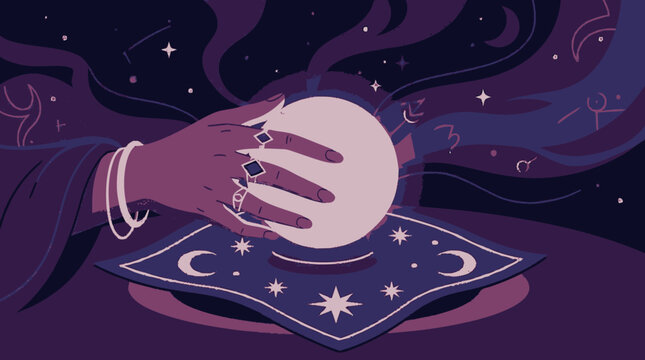 A mystic fortune teller hand over glowing crystal ball in magical space