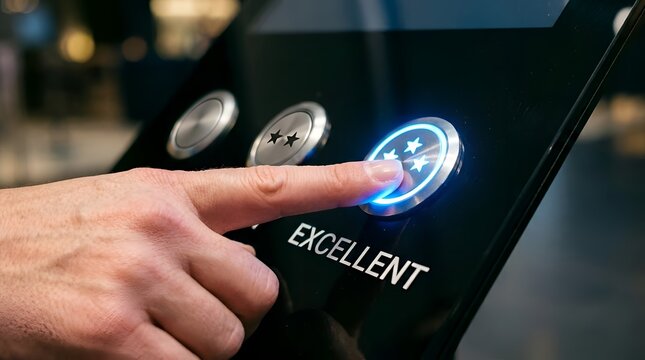 A person pressing a digital feedback button on a kiosk terminal to give an excellent service rating in a professional environment