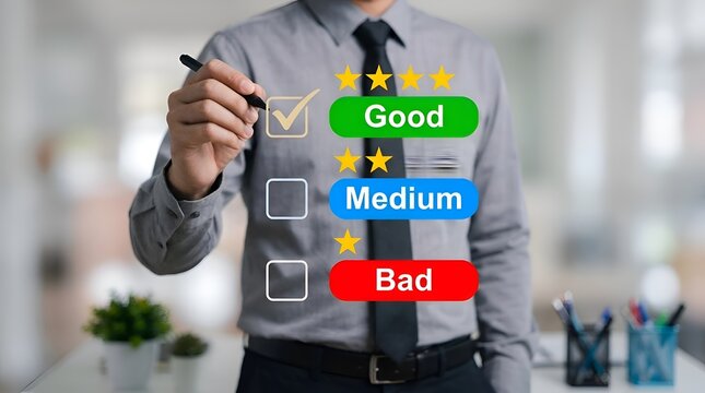 Businessman choosing good rating on virtual survey interface for customer satisfaction evaluation