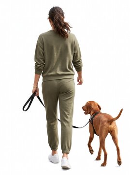 Rear view of a woman in gray casual loungewear walking her fluffy dog on a leash, isolated on white background.-1