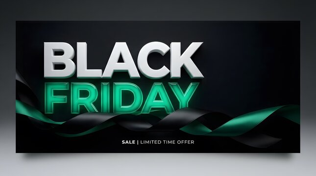 Black friday sale banner with bold white and glowing green typography on a dark abstract background