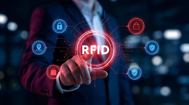 Futuristic Business Concept with RFID Technology, Illustrating Advanced Digital Asset Tracking and Secure Data Management for Modern Enterprise Solutions