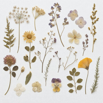 Pressed dried wildflowers and botanical specimens arranged in herbarium style on white paper, overhead flat lay lifestyle
