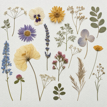 Pressed dried wildflowers and botanical specimens arranged in herbarium style on white paper, overhead flat lay lifestyle