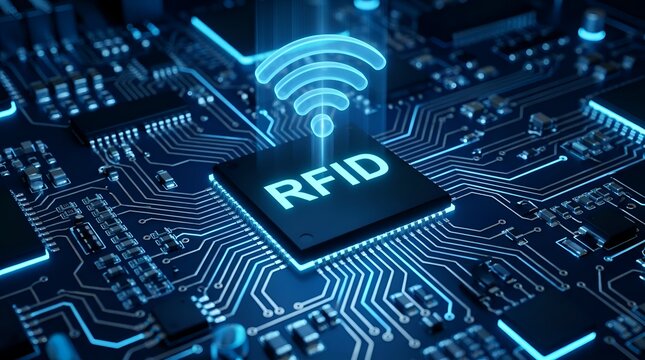 Glowing RFID microchip on a blue circuit board emitting wireless signals in a high-tech concept
