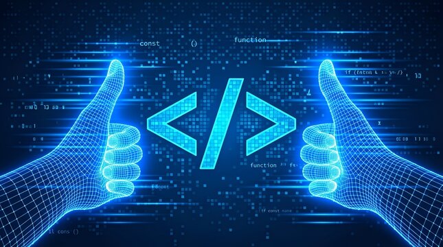 Digital wireframe hands giving thumbs up for coding success on blue tech background