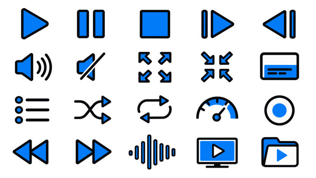 Media Player Icon Set with Video Playback and Audio Control Symbols