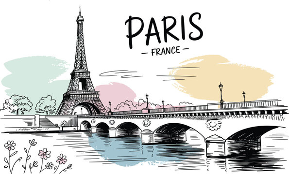 Eiffel tower illustration with bridge over river in paris