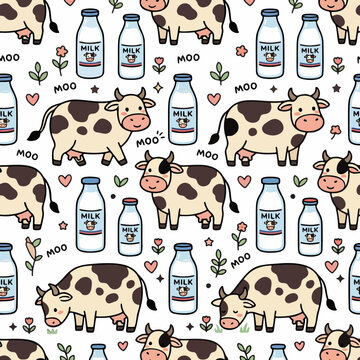 Cow and Milk Bottle Seamless Pattern with Cute Kawaii Dairy Animals and Floral Doodles for Textile and Packaging Background