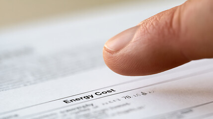 Obraz premium Close up of a person pointing finger at energy cost bill paper document, household utility expense concept for financial budget and economy