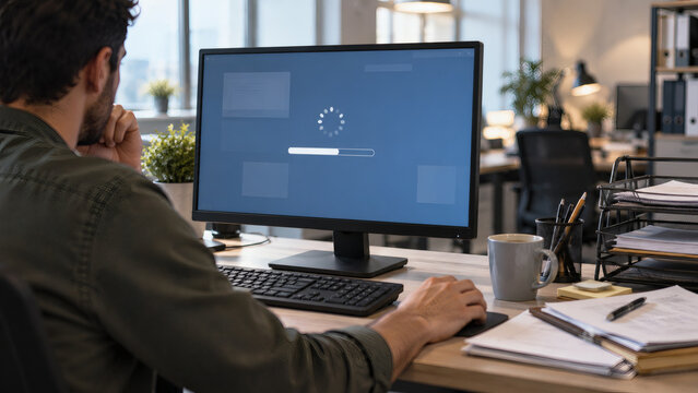 Young businessman waiting for slow computer system loading bar and buffering software update while doing remote work at office desk