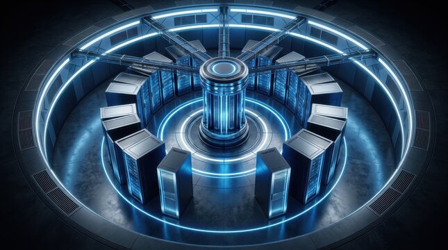 Futuristic data center server room with glowing lights