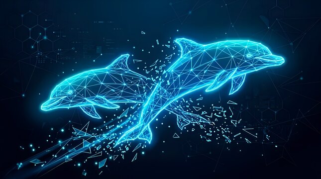 Futuristic glowing blue digital wireframe dolphins leaping in abstract network space illustration