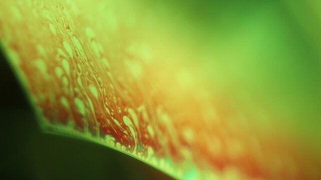 Lime green liquid film facet with intricate red convection plumes and surface current. A low-key macro photograph capturing a diagonal liquid film plane.