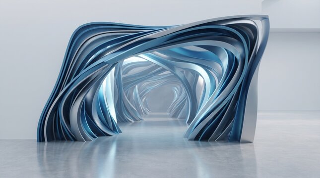 Futuristic archway tunnel created from intricate metallic blue and silver fluid curves in a vast minimalist hall with modern architecture abstract portal sci fi design