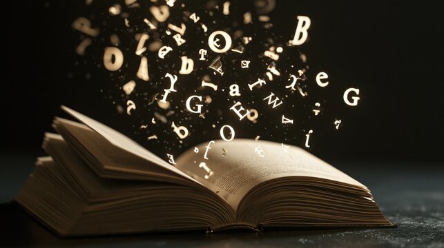 Open vintage book with glowing letters and numbers floating upwards in dark background