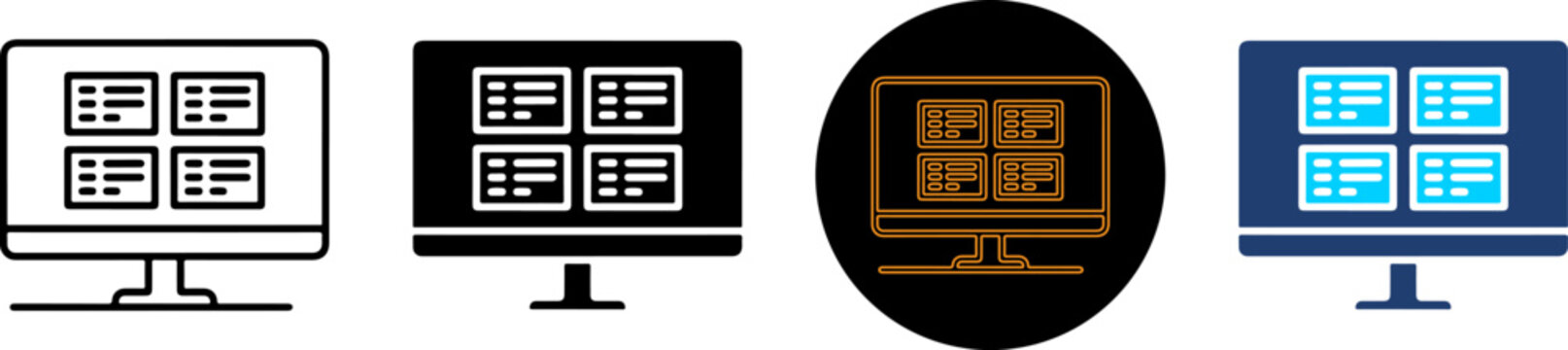 Computer monitor dashboard icon set in various styles