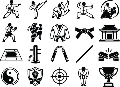 Martial Arts and Karate Icon Set - Includes karate punch, high kick, judo throw, kung fu stance, aikido, karate gi uniform, nunchaku, and trophy cup symbols.