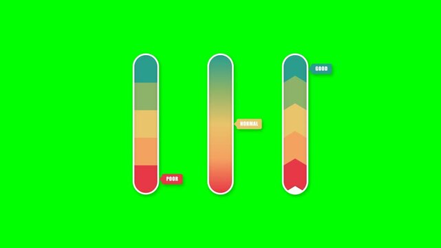 Animated financial level scales and net worth indicators on green screen