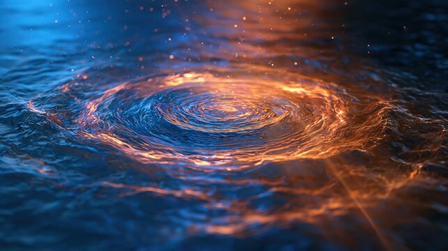 Abstract swirling water vortex with glowing orange light and particles