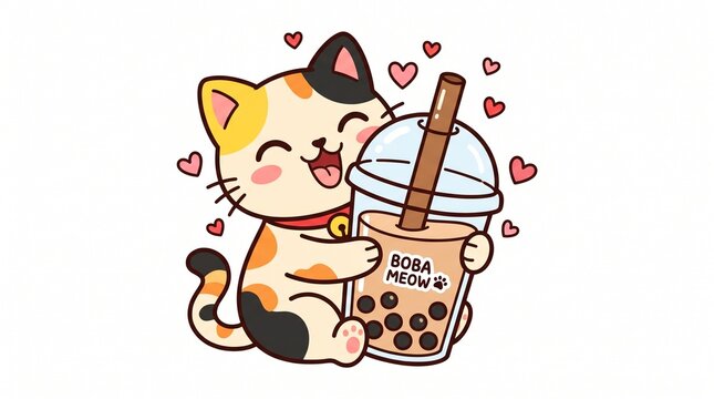 Cute watercolor illustration of a calico cat character drinking a boba bubble milk tea, isolated on white background.
