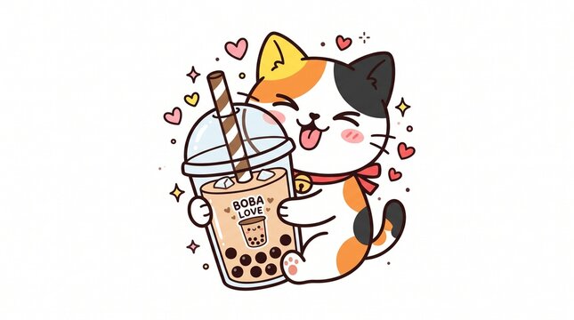 Cute watercolor illustration of a calico cat character holding a boba bubble milk tea, isolated on white background.