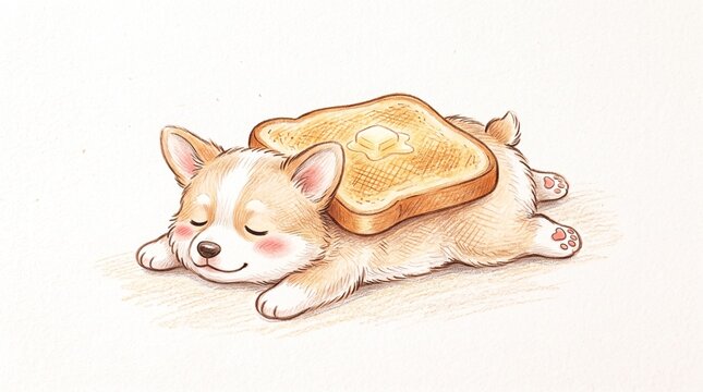 Cute watercolor illustration of a corgi dog sleeping soundly with a slice of bread toast on its back, isolated on white background.