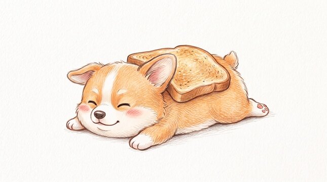 Cute watercolor illustration of a corgi dog sleeping with a slice of bread toast on its back, isolated on white background.