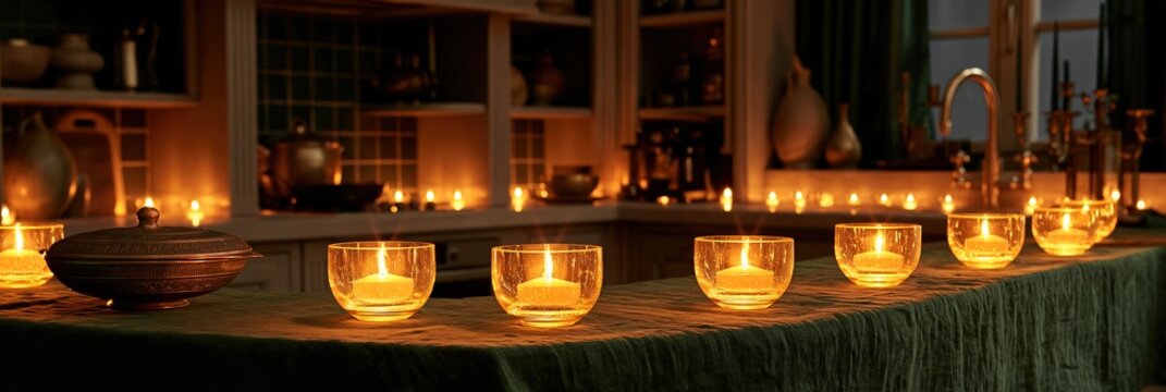 Cozy kitchen ambiance with numerous lit candles on a table, creating a warm and inviting atmosphere.