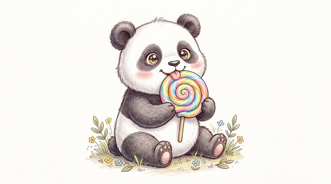 Cute watercolor illustration of a baby panda sitting and holding a giant red and white swirl lollipop, isolated on white background.