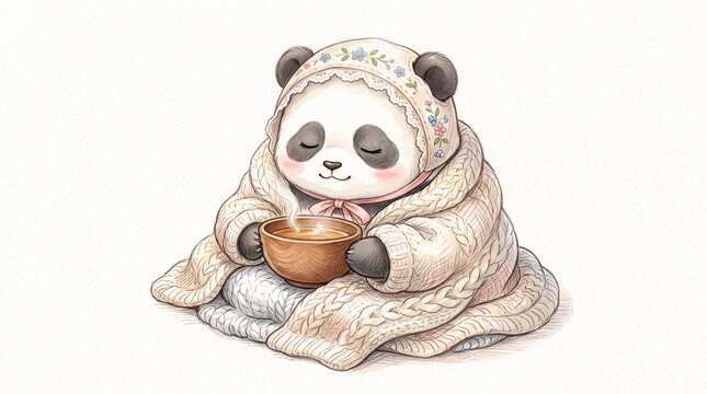 Cute watercolor illustration of a baby panda wrapped in a blanket holding a hot drink, isolated on white background.