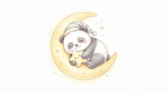 Cute watercolor illustration of a baby panda sleeping curled up on a glowing crescent moon, isolated on white background.