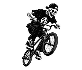 Fototapeta premium vector illustration of a skull skeleton riding a bicycle isolated on a white background. 