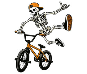 Fototapeta premium vector illustration of a skull skeleton riding a bicycle isolated on a white background. 