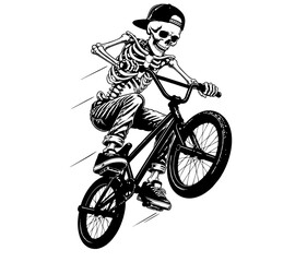Fototapeta premium vector illustration of a skull skeleton riding a bicycle isolated on a white background. 