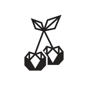 Geometric cherry icon in black and white, minimalist polygonal fruit illustration, modern abstract cherry logo for branding